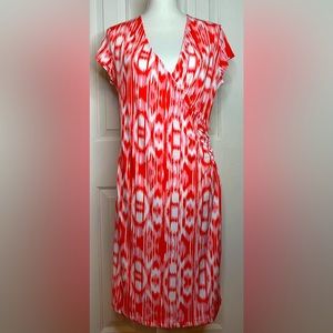 Jones New York Signature Madarin Orange Combo Cap Sleeve Faux wrap dress…